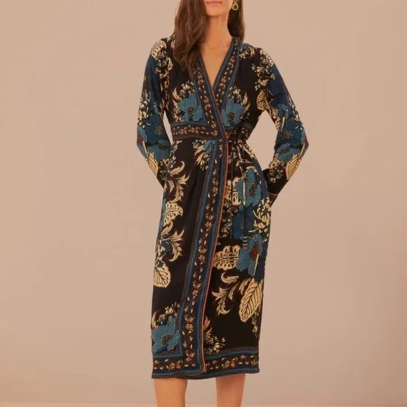 Farm Rio Blossom Tapestry Long Sleeve Wrap Dress - Picture 2 of 7